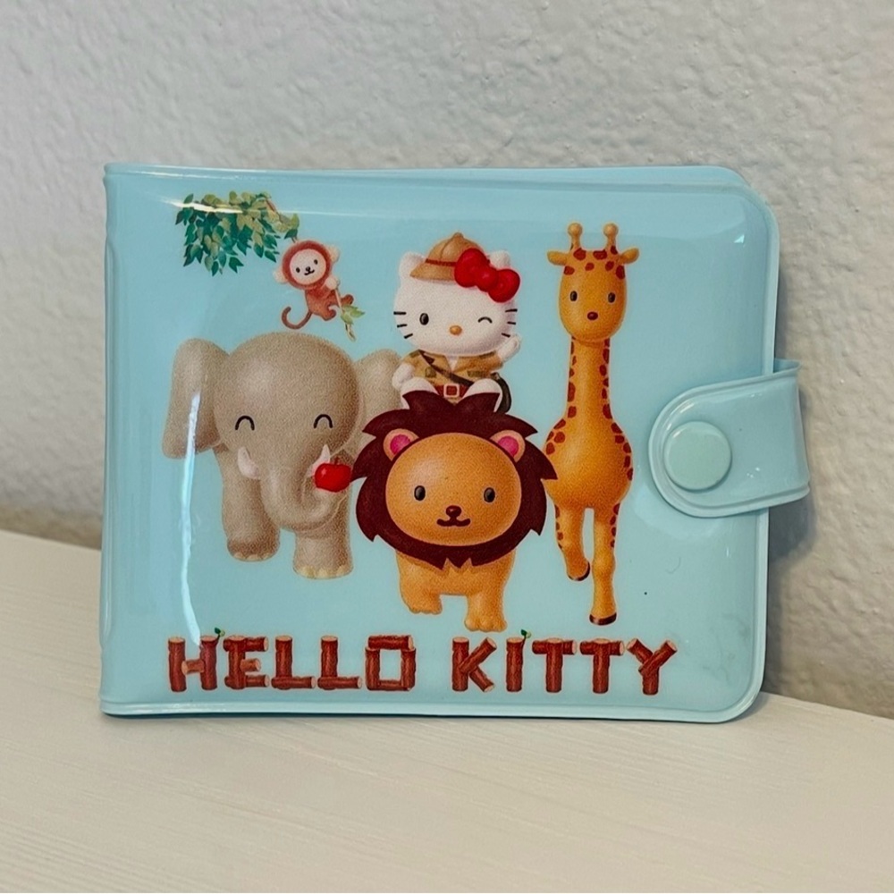 Sanrio 2002 Hello Kitty Blue Vinyl PVC Bifold Snap Wallet Safari Animals RARE!!